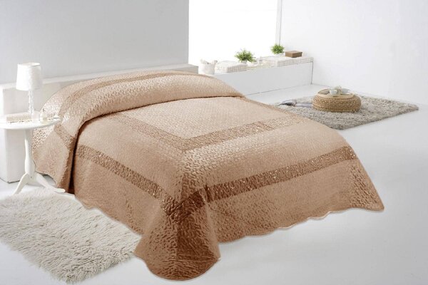 Blanco Raya Copriletto Matrimoniale in Poliestere con bordo di Pailettes colore Crema - TK01