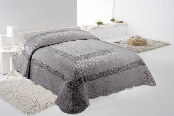 Blanco Raya Copriletto Matrimoniale in Poliestere con bordo di Pailettes colore Grigio Perla - TK01
