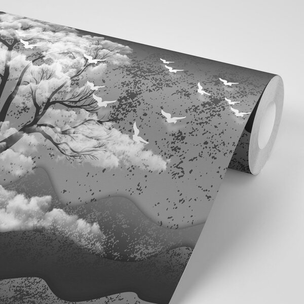 Carta da parati – Albero bianco e nero immerso tra le nuvole