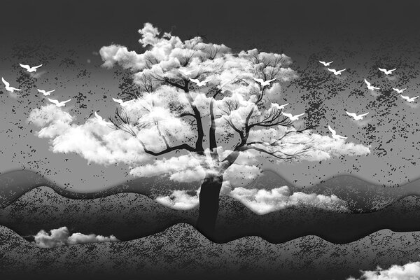 Carta da parati – Albero bianco e nero immerso tra le nuvole
