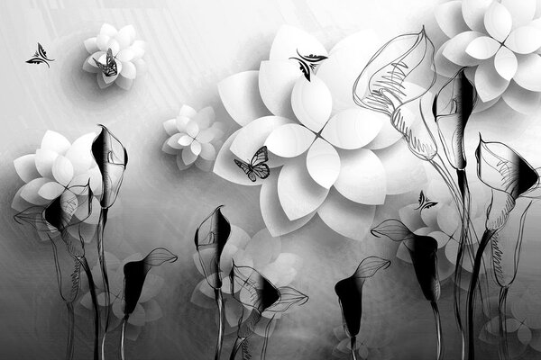 Carta da parati – Fiori astratti in bianco e nero