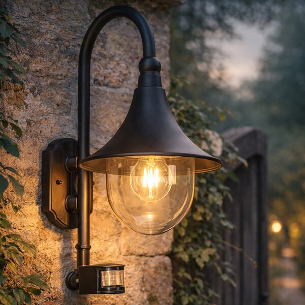 Lampada da parete per esterni nera IP44 con sensore di movimento - Daphne