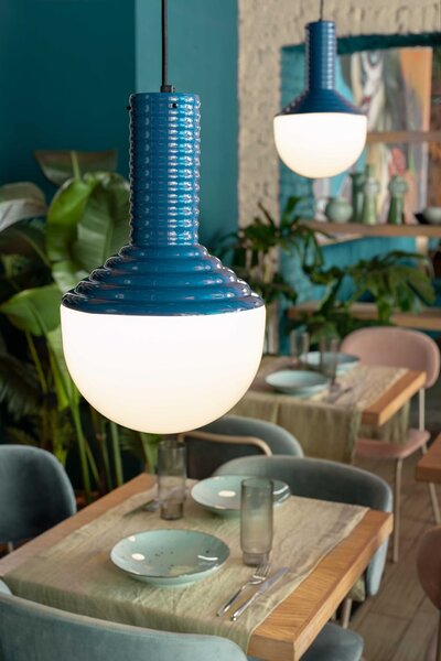 Sospensione Vintage Grande Decò Selaron Ceramica Blu 1 Luce E27