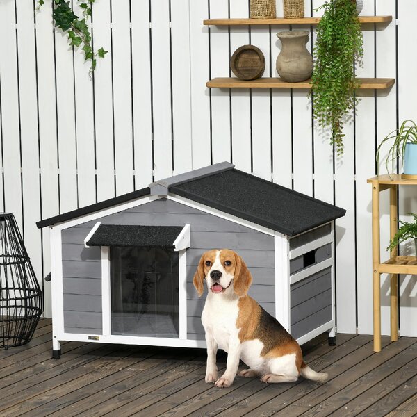 AllMyPets Cuccia per Cani da Esterno Taglia Piccola e Media cm 109x79x72 cm in Legno con Design Rialzato Tenda Protettiva e 2 Finestre