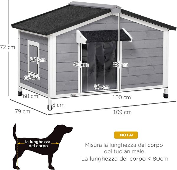 AllMyPets Cuccia per Cani da Esterno Taglia Piccola e Media cm 109x79x72 cm in Legno con Design Rialzato Tenda Protettiva e 2 Finestre