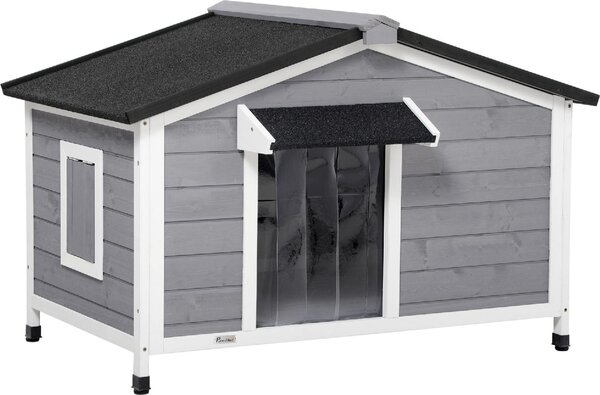 AllMyPets Cuccia per Cani da Esterno Taglia Piccola e Media cm 109x79x72 cm in Legno con Design Rialzato Tenda Protettiva e 2 Finestre