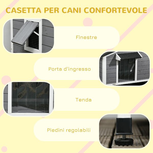 AllMyPets Cuccia per Cani da Esterno Taglia Piccola e Media cm 109x79x72 cm in Legno con Design Rialzato Tenda Protettiva e 2 Finestre