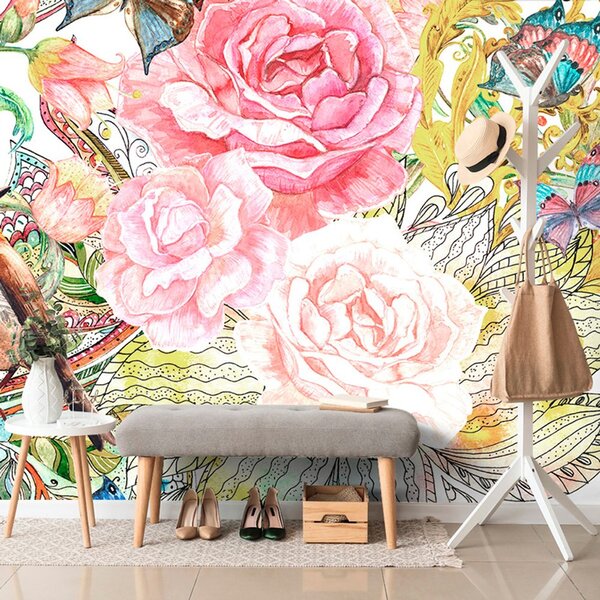 Carta da parati – Uccellino vintage con fiori
