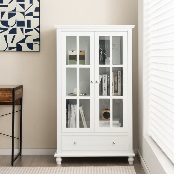 Costway Mobile libreria con ante in vetro temperato ripiano regolabile cassetto, Vetrinetta espositiva alta 139cm Bianco