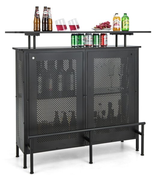 Costway Mobile bar a 4 livelli con 2 ripiani per vino e porta calici poggiapiedi in metallo, Tavolo da bar industriale Nero
