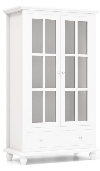 Costway Mobile libreria con ante in vetro temperato ripiano regolabile cassetto, Vetrinetta espositiva alta 139cm Bianco