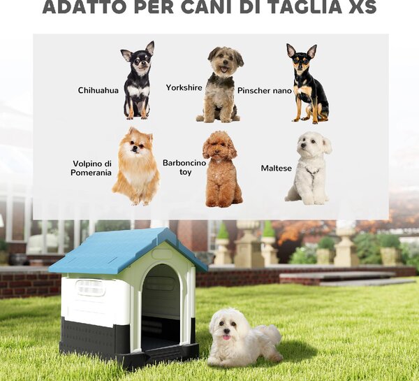 AllMyPets Cuccia per Cani Piccoli da Esterno in Plastica con Finestre e Base Rialzata 64.5x57x66 cm colore Blu