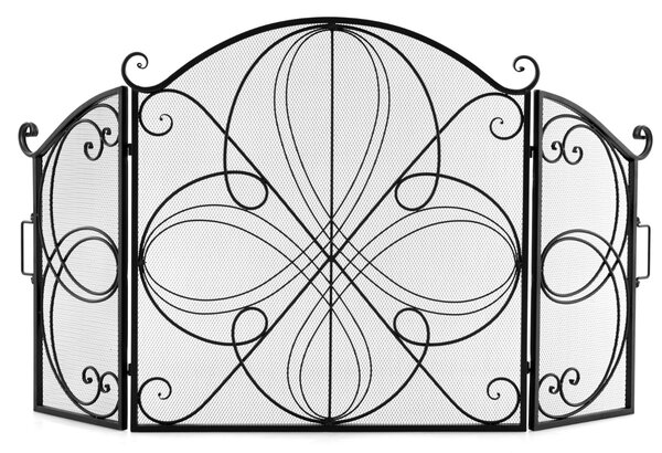 Costway Parascintille per camino 151x83cm in rete metallica con motivo floreale, Paraschizzi pieghevole a 3 ante Nero