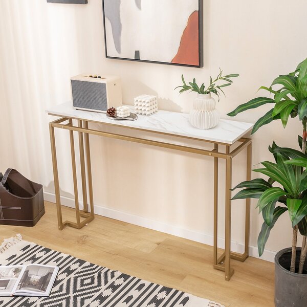Costway Tavolo consolle da 120cm con piano effetto marmo e struttura geometrica in metallo, Tavolo ingresso moderno Bianco