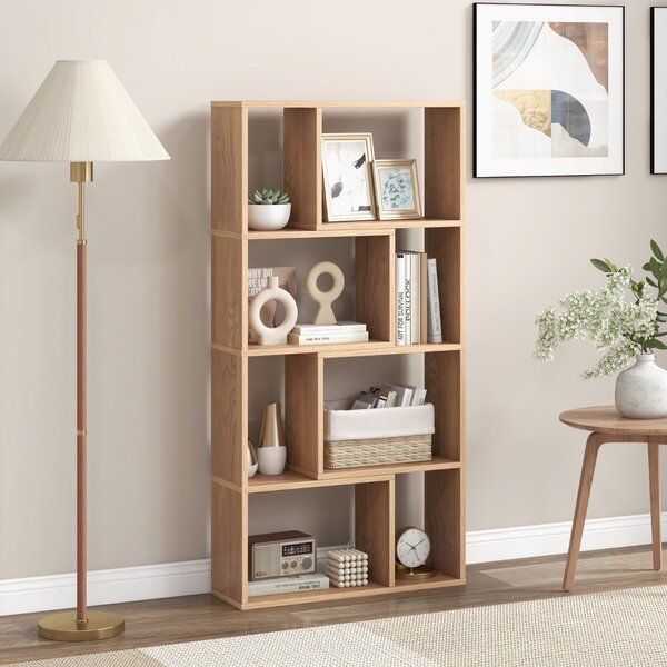 Costway Libreria geometrica a 4 ripiani da 120cm, Organizzatore di stoccaggio moderno con 8 cubi in legno per soggiorno Naturale