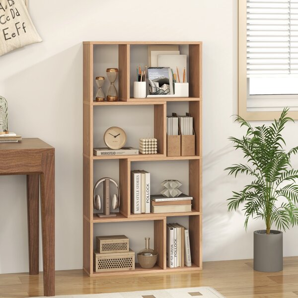 Costway Libreria geometrica a 4 ripiani da 120cm, Organizzatore di stoccaggio moderno con 8 cubi in legno per soggiorno Naturale