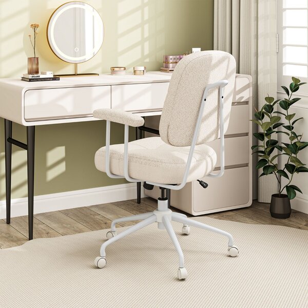 Costway Sedia da ufficio ergonomica girevole con braccioli e ruote, Sedia per computer imbottita Beige
