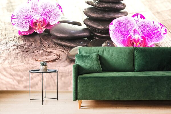 Carta da parati – Orchidea e pietre Zen su legno