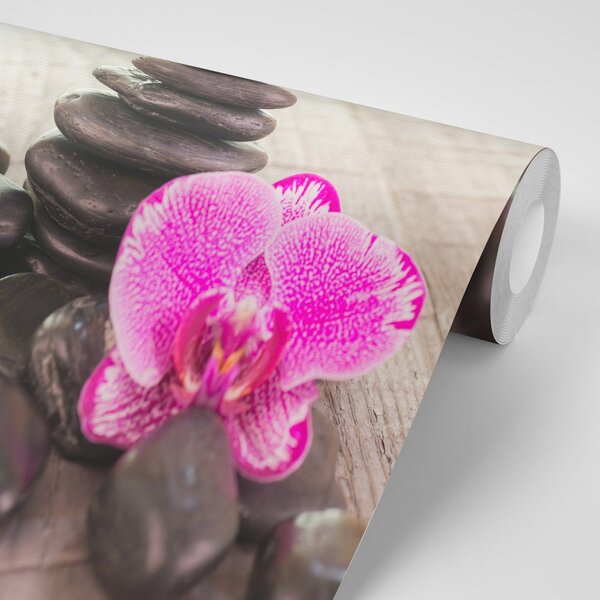 Carta da parati – Orchidea e pietre Zen su legno
