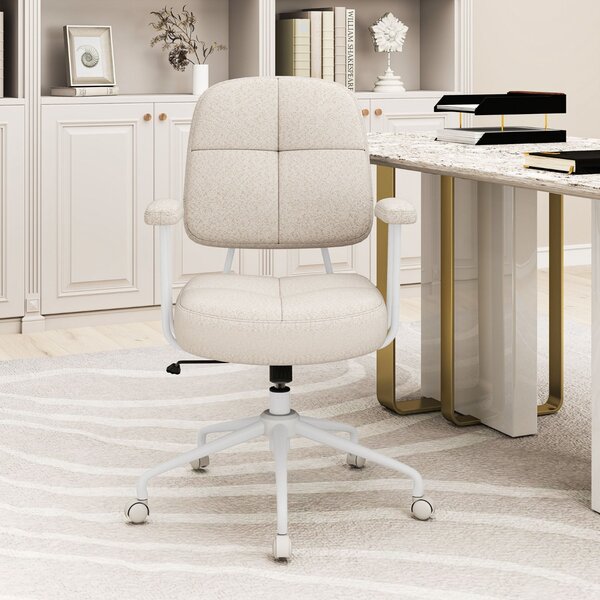 Costway Sedia da ufficio ergonomica girevole con braccioli e ruote, Sedia per computer imbottita Beige