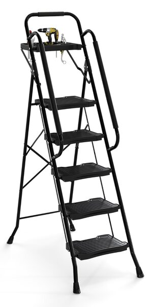 Costway Scala a 5 gradini con vaschetta porta attrezzi e pedali larghi antiscivolo, Scala pieghevole portatile multiuso per casa Nero
