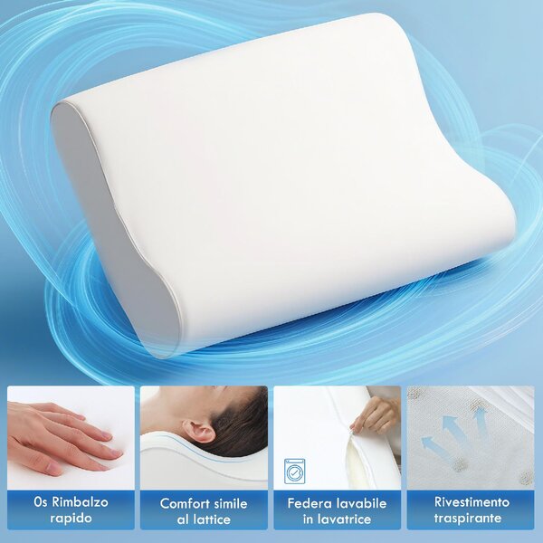 DecHome Cuscino Cervicale in Memory Foam a Doppia Altezza con Copertura Rimovibile, 60x40x10/12 cm colore Bianco Crema