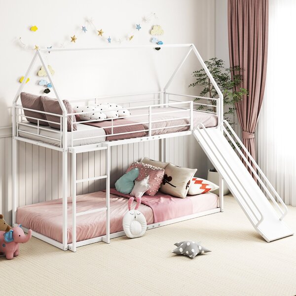 Costway Loft con sponda di sicurezza e tetto di casa con scivolo e scala convertibili, Letto a castello basso doppio letto singolo Bianco