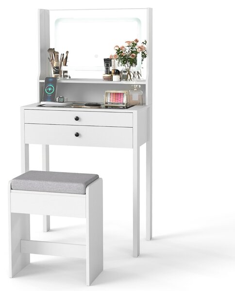 Costway Piccolo tavolo da trucco con 3 modalità di illuminazione e sgabello imbottito, Toeletta con specchio e luci Bianco