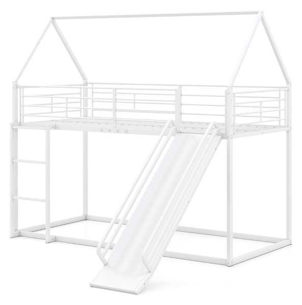 Costway Loft con sponda di sicurezza e tetto di casa con scivolo e scala convertibili, Letto a castello basso doppio letto singolo Bianco