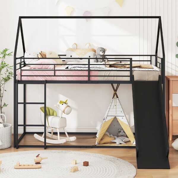 Costway Loft con sponda di sicurezza e tetto di casa con scivolo e scala convertibili, Letto a castello basso doppio letto singolo Nero
