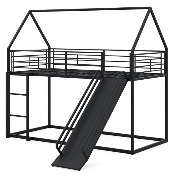 Costway Loft con sponda di sicurezza e tetto di casa con scivolo e scala convertibili, Letto a castello basso doppio letto singolo Nero