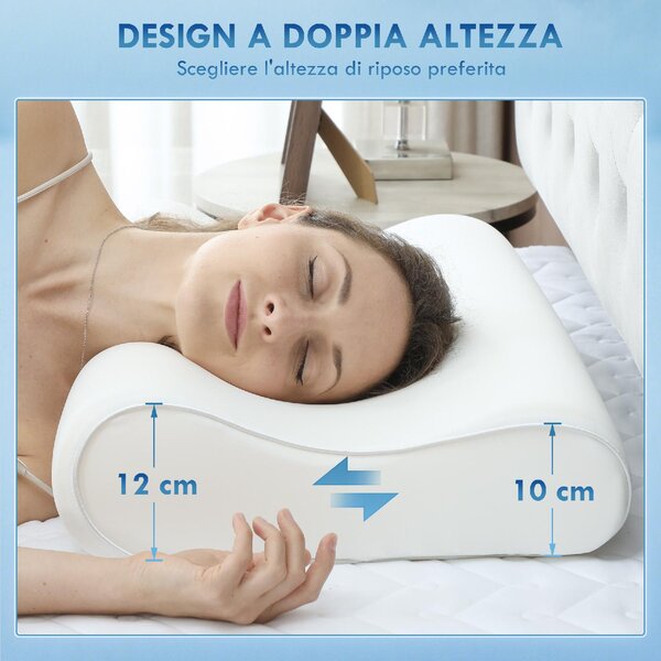DecHome Cuscino Cervicale in Memory Foam a Doppia Altezza con Copertura Rimovibile, 60x40x10/12 cm colore Bianco Crema