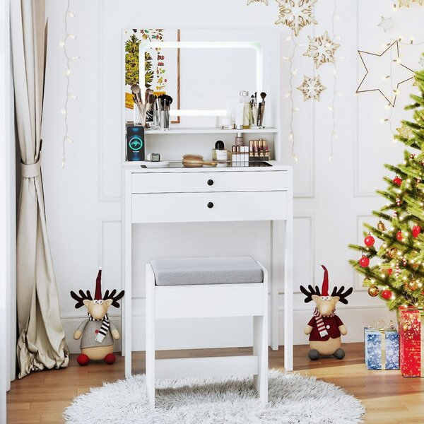 Costway Piccolo tavolo da trucco con 3 modalità di illuminazione e sgabello imbottito, Toeletta con specchio e luci Bianco