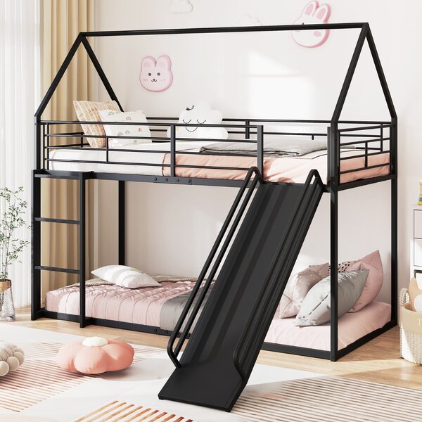 Costway Loft con sponda di sicurezza e tetto di casa con scivolo e scala convertibili, Letto a castello basso doppio letto singolo Nero