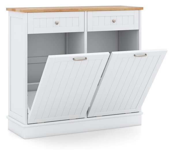 Costway Isola da cucina con cestini ribaltabili doppi per pattumiera piano legno caucciù tagliere 2 cassetti, Mobile contenitore nascosto riciclaggio cucina lavanderia