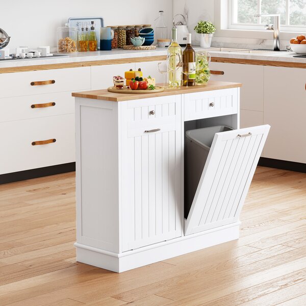 Costway Isola da cucina con cestini ribaltabili doppi per pattumiera piano legno caucciù tagliere 2 cassetti, Mobile contenitore nascosto riciclaggio cucina lavanderia