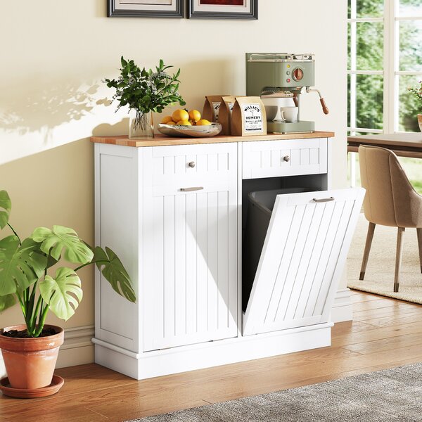 Costway Isola da cucina con cestini ribaltabili doppi per pattumiera piano legno caucciù tagliere 2 cassetti, Mobile contenitore nascosto riciclaggio cucina lavanderia