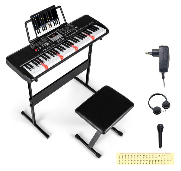 Costway Tastiera pianoforte 61 tasti elettrica 200 ritmi 200 toni 70 demo, Tastiera supporto regolabile sgabello adesivi note principianti adolescenti