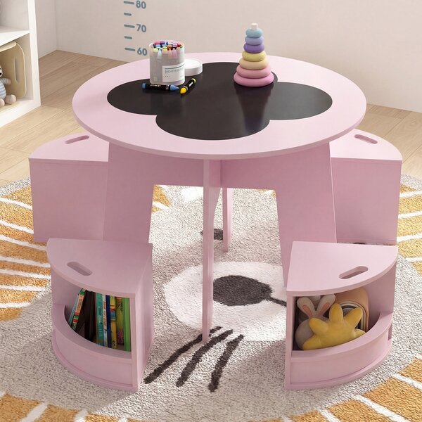 Costway Set tavolo e sedie per bambini 5 pezzi con ripiano di stoccaggio, Tavolo rotondo per gioco e attività Rosa