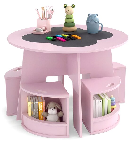 Costway Set tavolo e sedie per bambini 5 pezzi con ripiano di stoccaggio, Tavolo rotondo per gioco e attività Rosa
