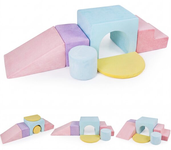 Costway Set di blocchi in schiuma per bambini 3+ anni con arrampicata scivolo e scala, Costruzini morbide a 6 pezzi Rosa
