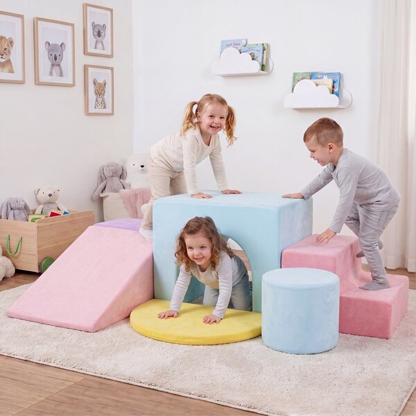 Costway Set di blocchi in schiuma per bambini 3+ anni con arrampicata scivolo e scala, Costruzini morbide a 6 pezzi Rosa