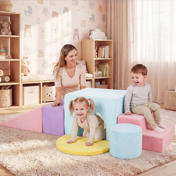 Costway Set di blocchi in schiuma per bambini 3+ anni con arrampicata scivolo e scala, Costruzini morbide a 6 pezzi Rosa