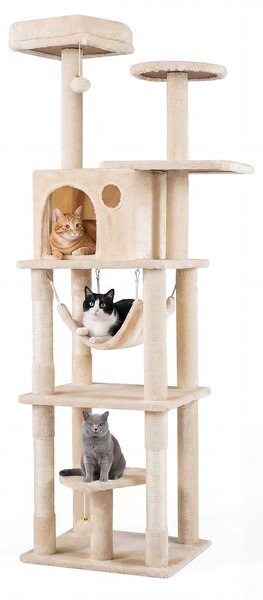 Costway Tiragraffi per gatti con casetta piattaforme imbottite amaca rimovibile e 2 palline sospese, Albero tiragraffi a più piani per gatti