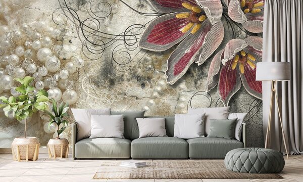 Carta da parati – Fiori con perle