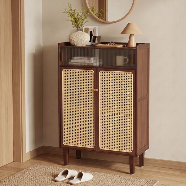 Costway Mobiletto porta scarpe con ante scorrevoli a 5 ripiani con porta in rattan PE, Scarpiera in bambù per camera da letto soggiorno e ingresso