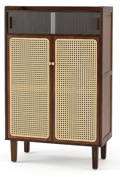 Costway Mobiletto porta scarpe con ante scorrevoli a 5 ripiani con porta in rattan PE, Scarpiera in bambù per camera da letto soggiorno e ingresso