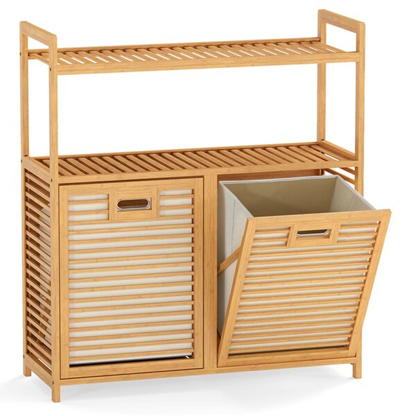Costway Cesto portabiancheria in bambù con 2 sacchetti rimovibili cesto biancheria sporca con 2 ripiani aperti, Porta biancheria per bagno e lavanderia