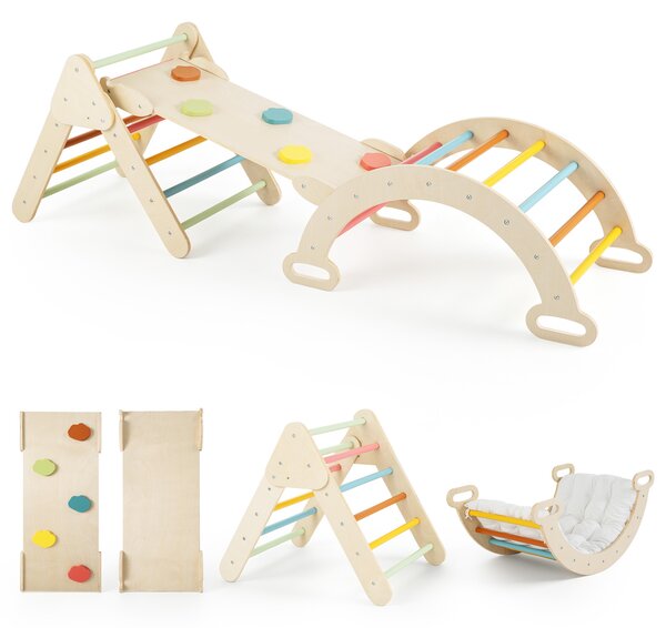 Costway Giocattoli montessori da arrampicata con scala a triangolo pieghevole arco con cuscino rimovibile, Arrampicata in legno per bambini 1+ anni Colorato