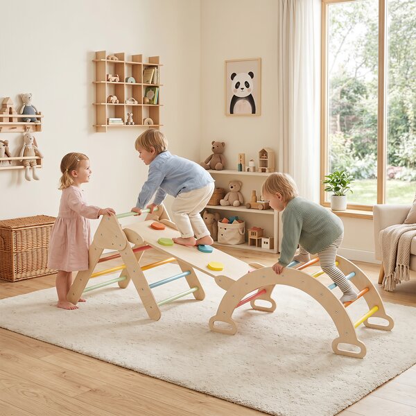 Costway Giocattoli montessori da arrampicata con scala a triangolo pieghevole arco con cuscino rimovibile, Arrampicata in legno per bambini 1+ anni Colorato